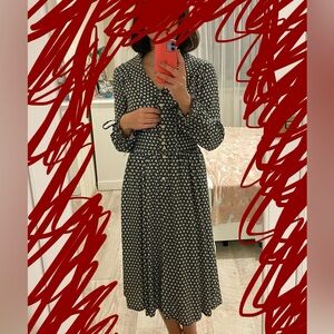 Navy Blue and Cream Patterned Dress - Size S